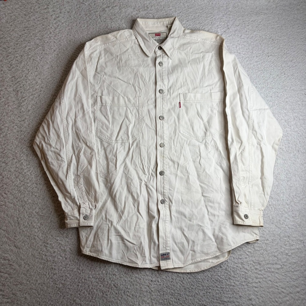 Levis Red Tab Mens Medium Vintage Off White Cotton Denim Button Down Shirt